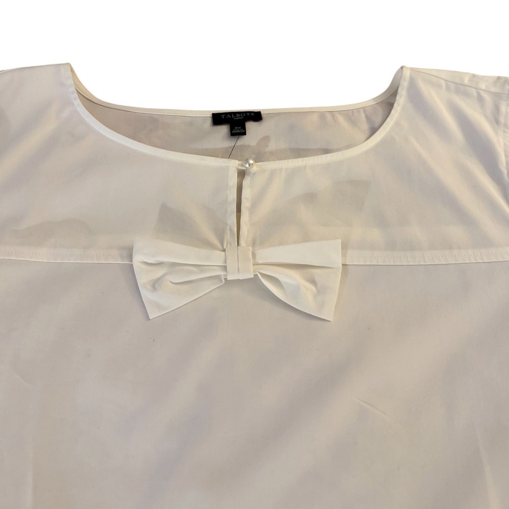 Talbots Blouse Women's 2X White Bow Detail 3/4 Bell Sleeve Pearl Button Coquette - Picture 8 of 9